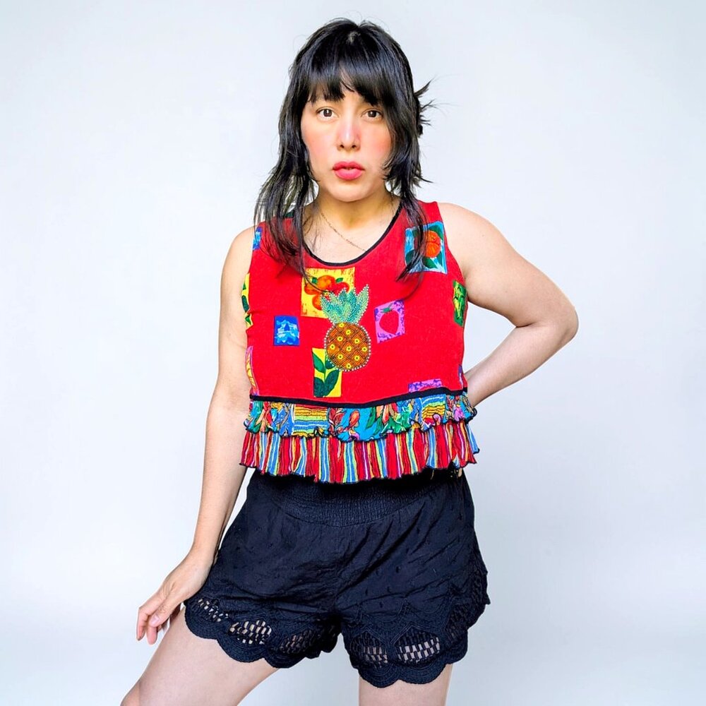 Key Lime Pie VTG 90s fruit floral fairy cottage beaded swing ruffly crop top S/M